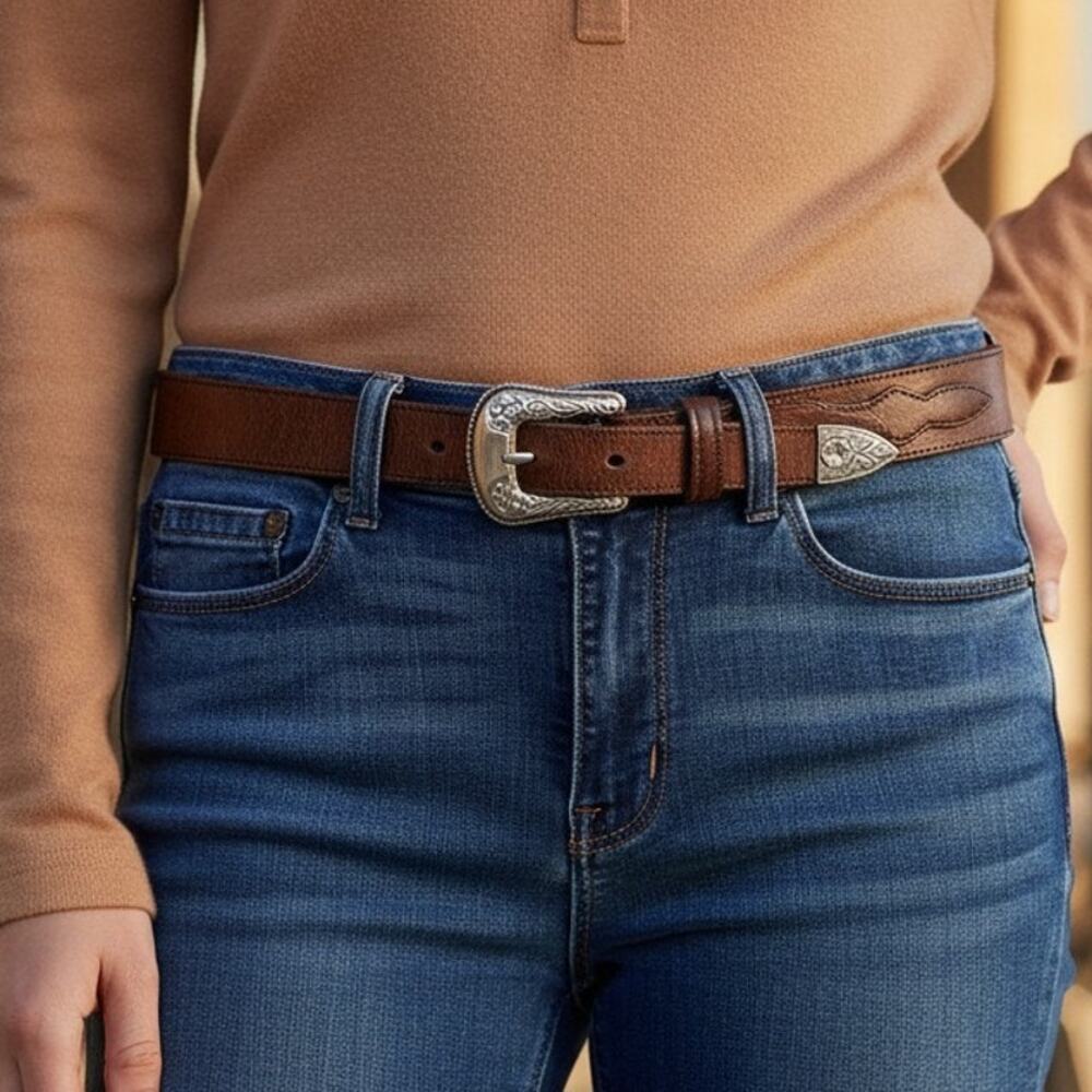 Cruel Girl Brown Leather Belt with Silver Western Buckle